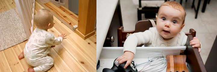 baby crawling on to stairs and baby opening a kitchen drawer